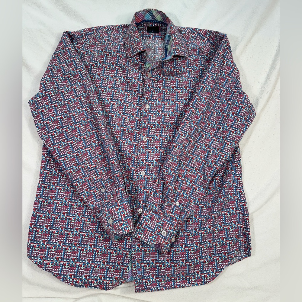 Tailor Byrd Mens Multicolor Geometric Long Sleeve Collared Polo Shirt Size M